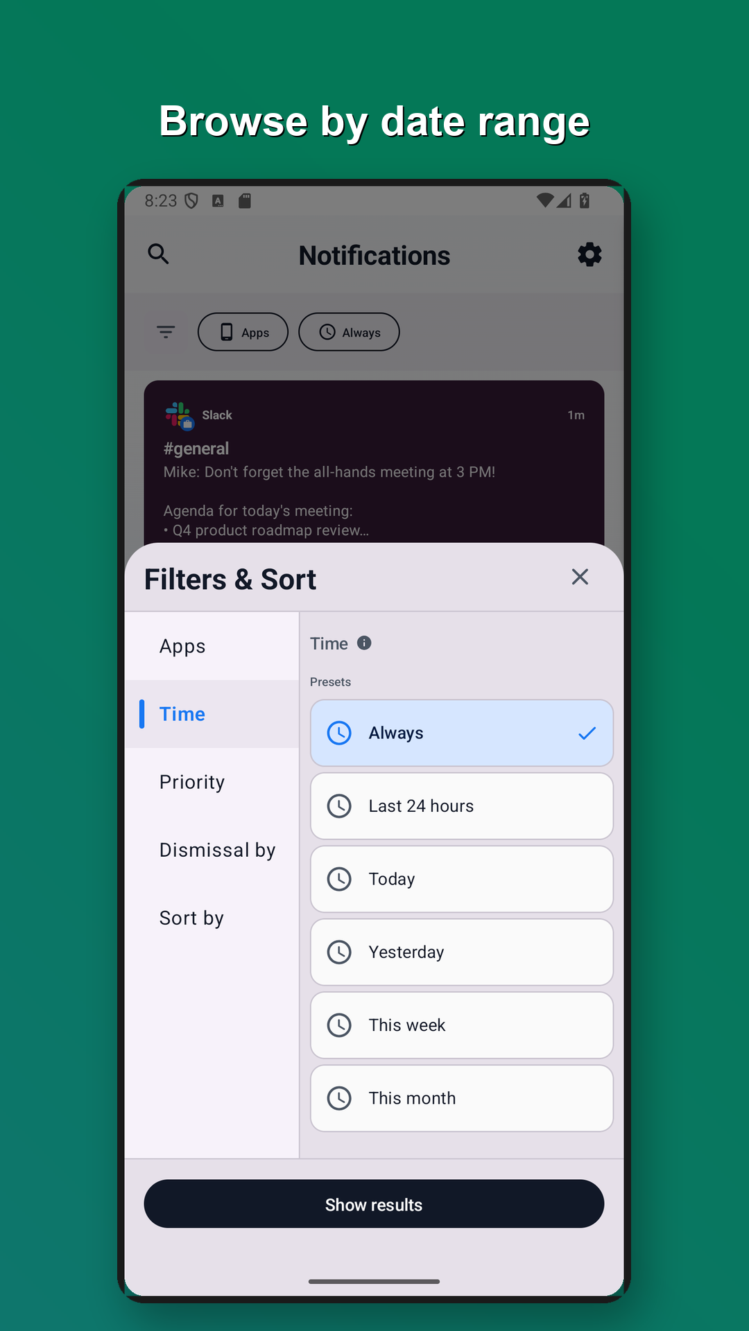 Filter notifications by time